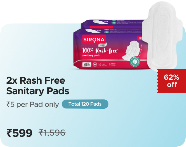 Sirona Rash Free Sanitary Pads For Heavy Flow ( — 4X Pack, Pack of 30 Pads, effective ₹599 (₹5/piece)